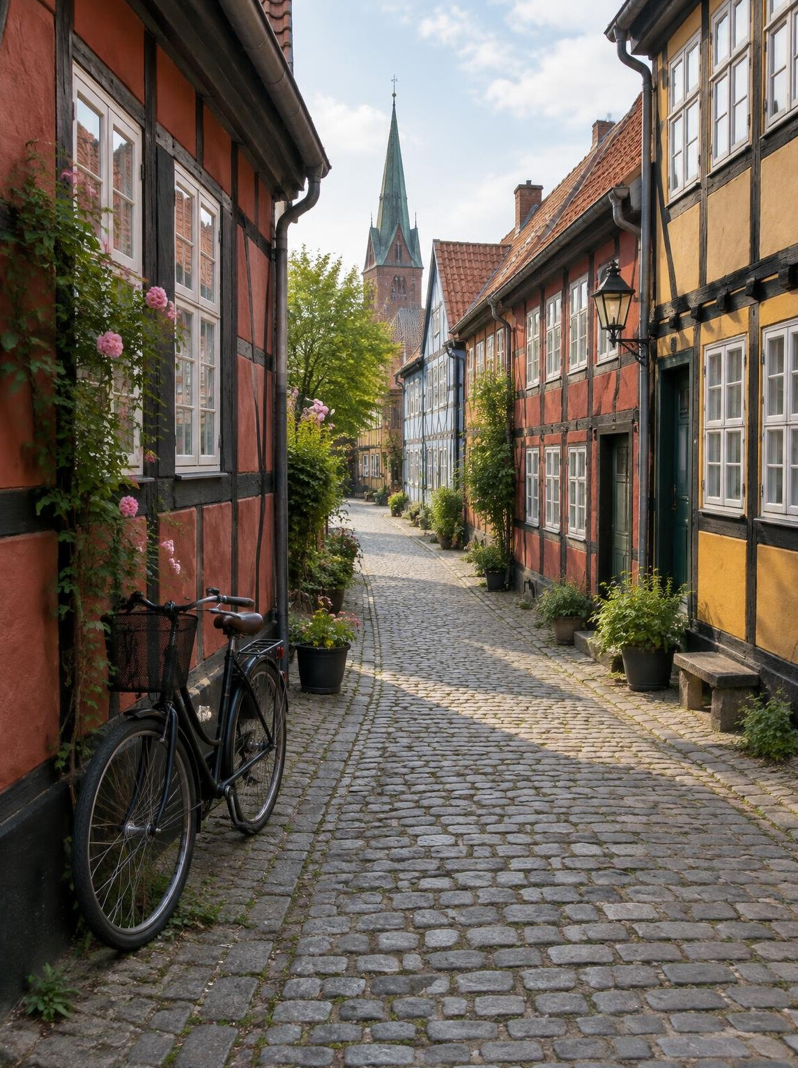Narrow cobbled street in old town Aarhus with colorful houses