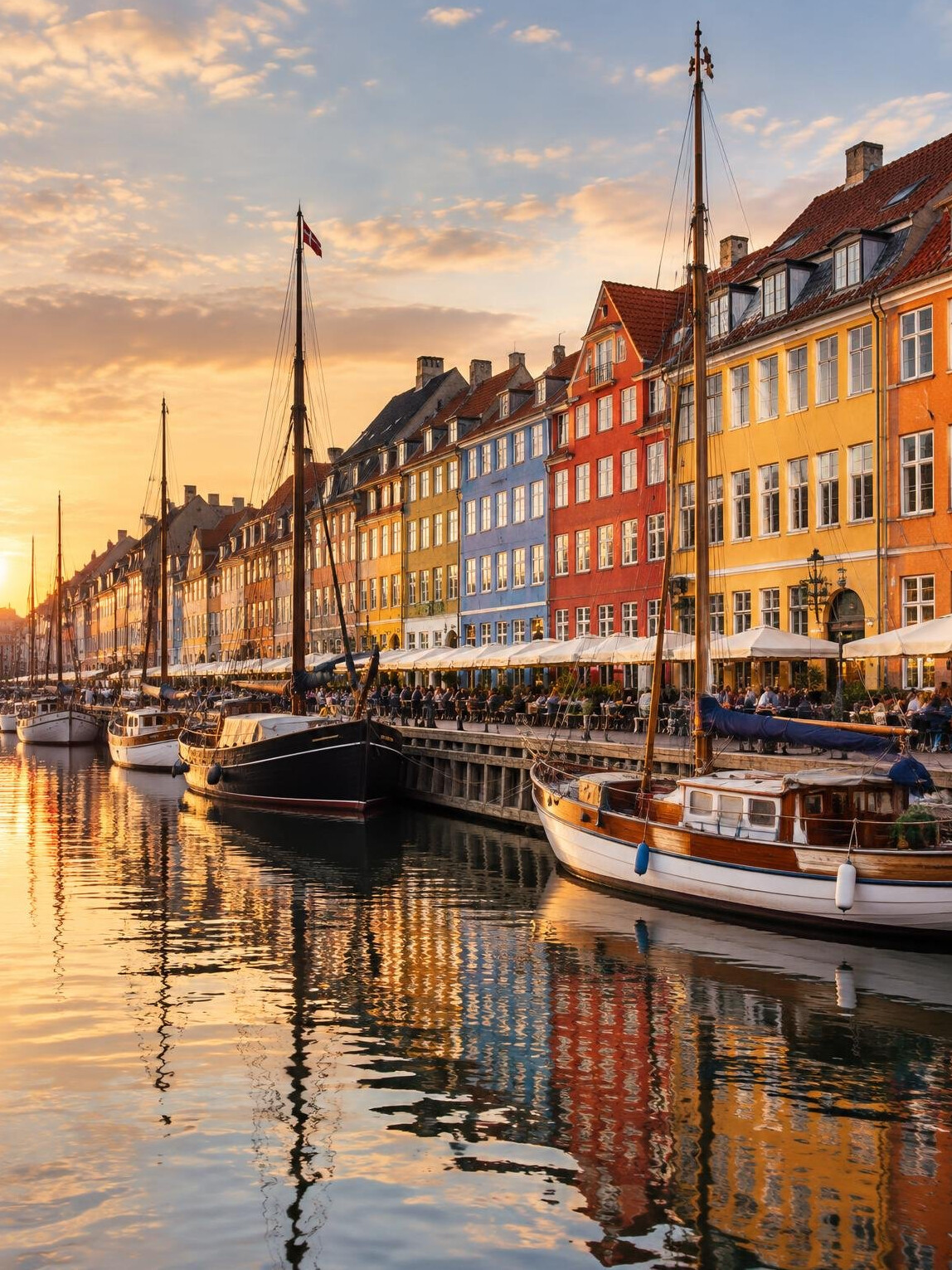 Colorful harbor houses in Nyhavn, Copenhagen at dusk