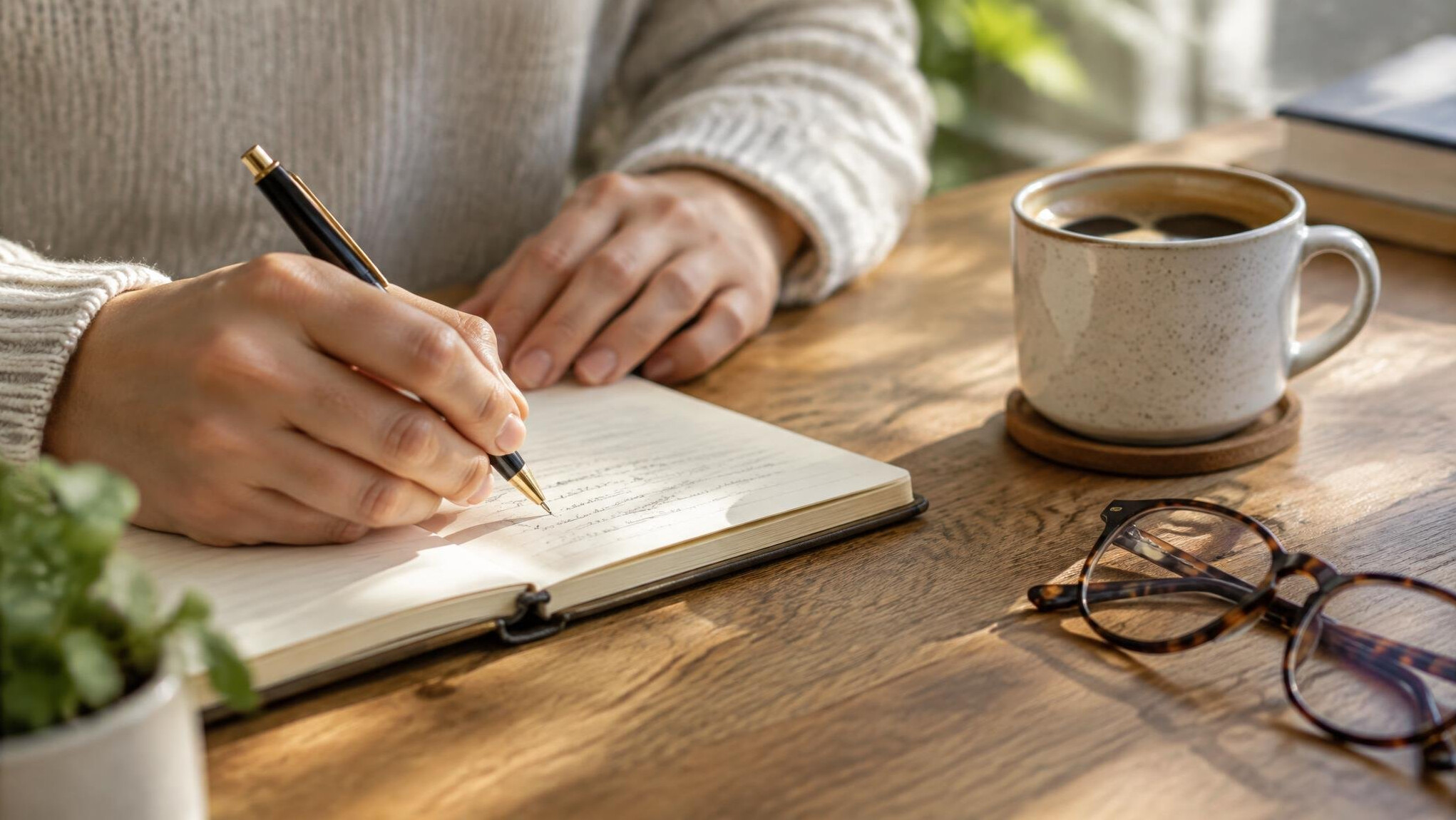 Hands writing in a paper notebook next to a cup of coffee