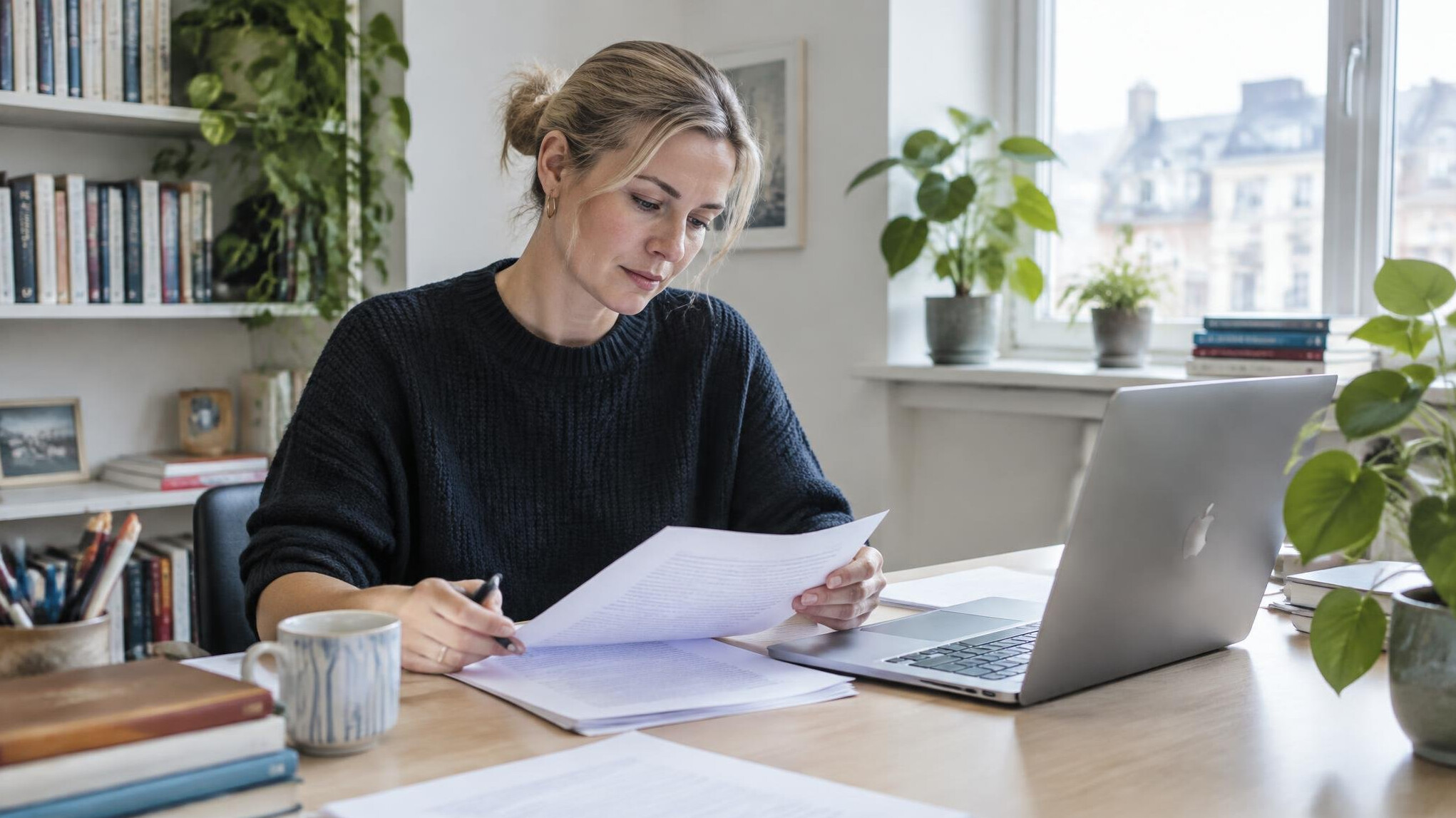 Editor reviewing personal stories at a desk with a laptop