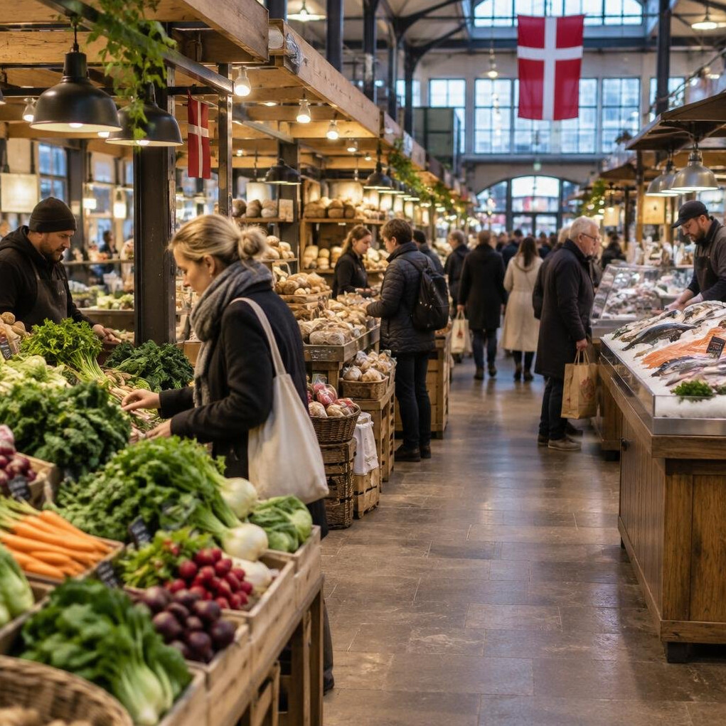Busy Danish food market hall with fresh produce stalls