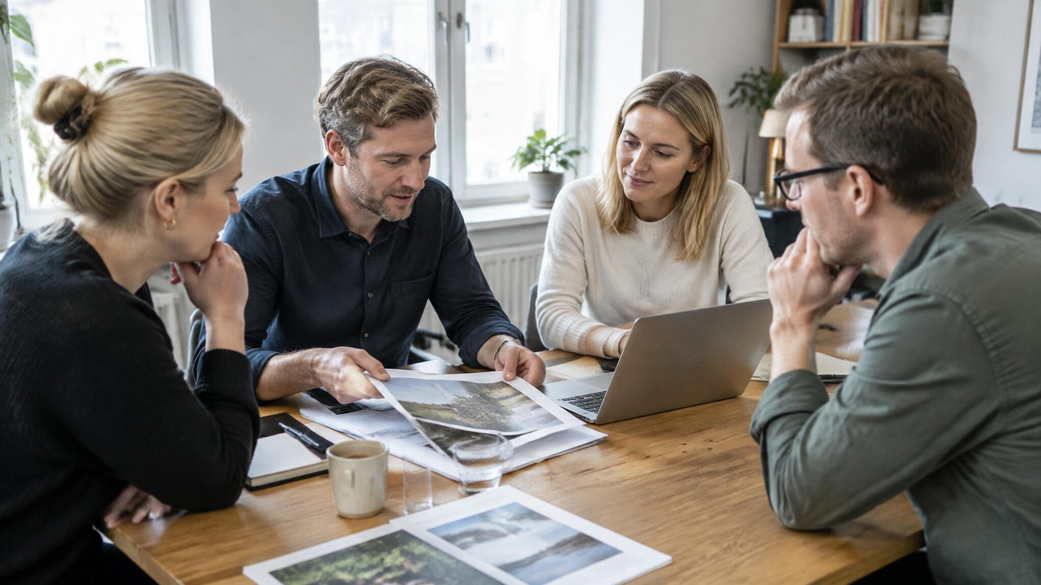 Small editorial team discussing stories around a table