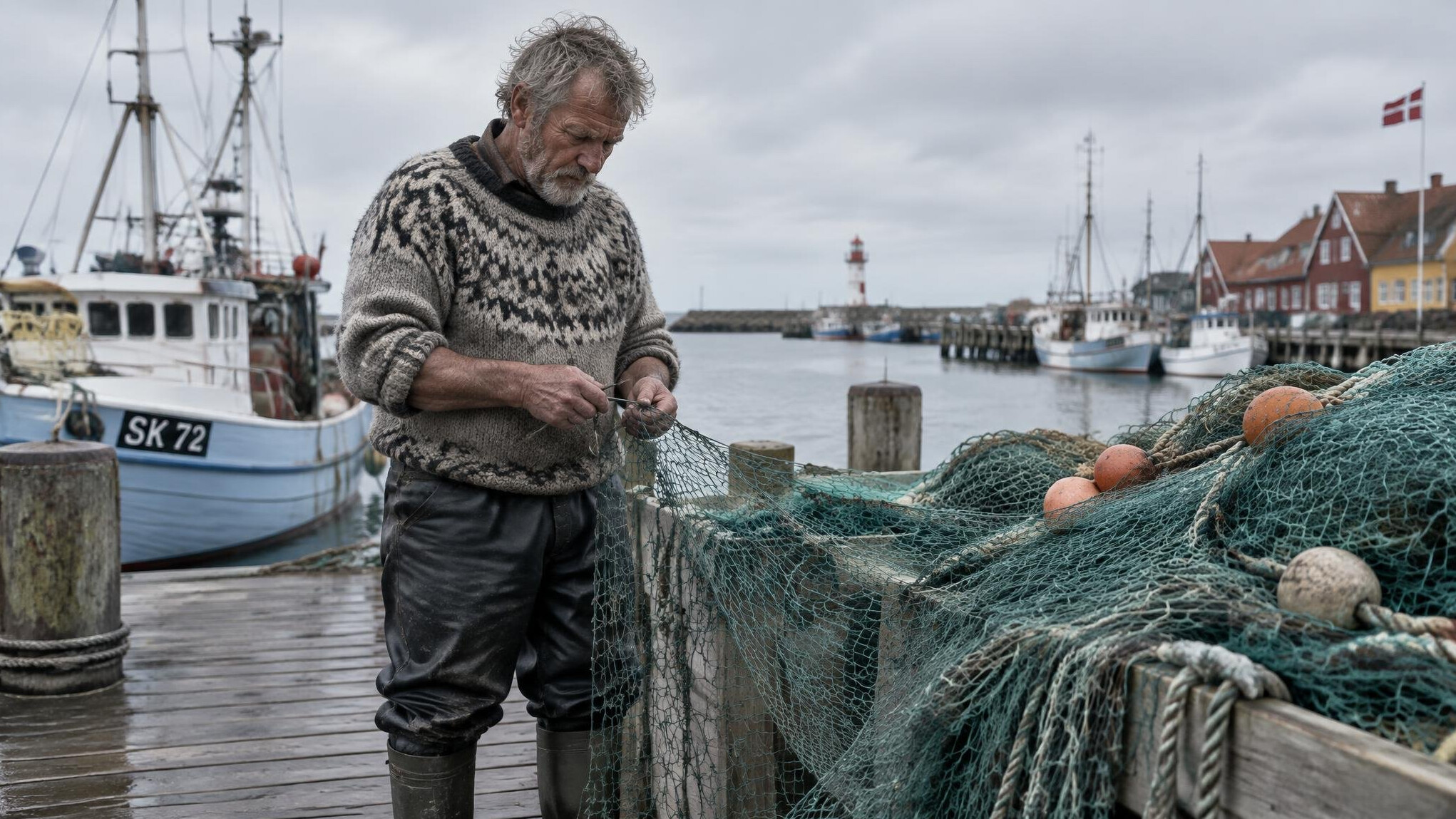 Danish fisherman mending nets in Skagen harbor