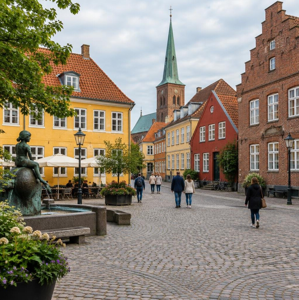 Historic old town square in Odense with traditional houses