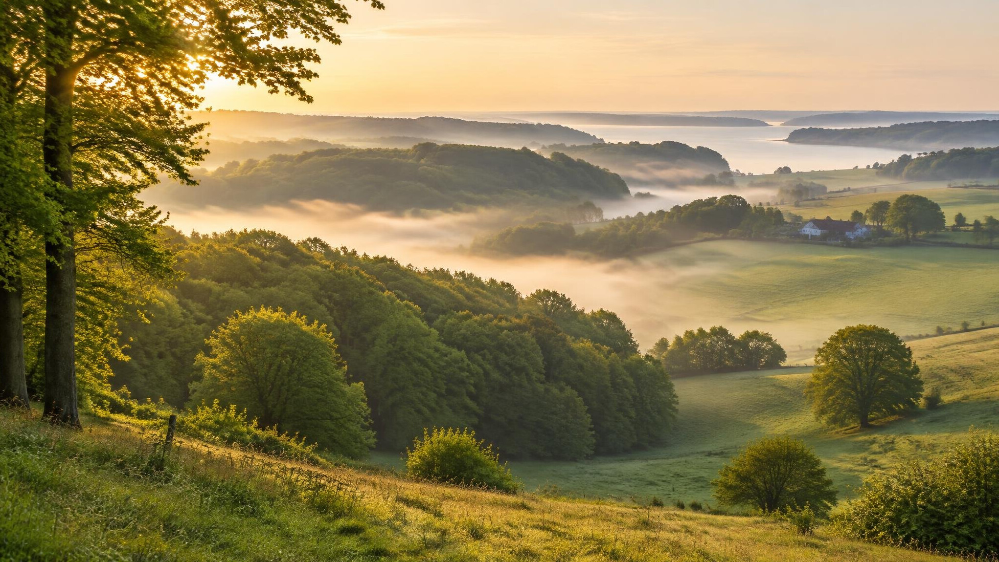 Green rolling hills and forest on the island of Funen