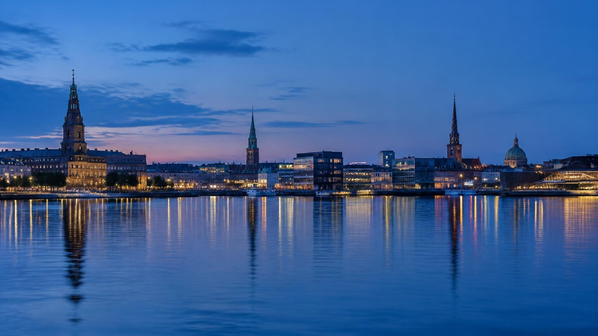 Copenhagen city skyline with spires along the waterfront